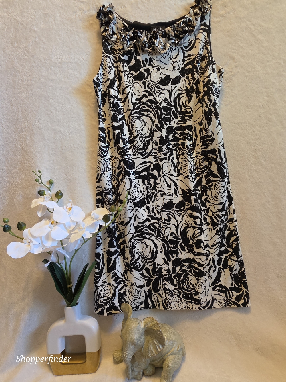 MSK Women’s S Black & White Floral Sequin Ruffle Shift Dress Knee Length Size 8